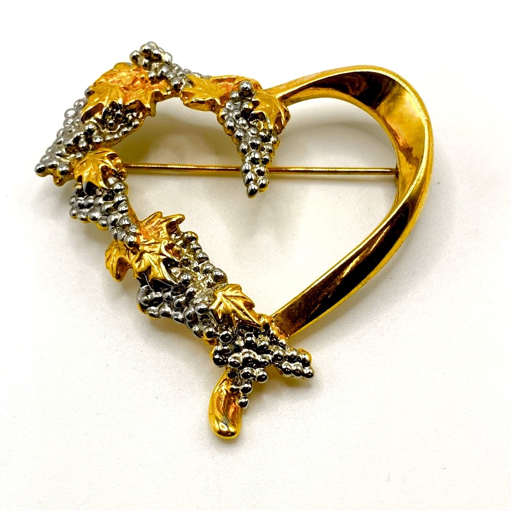 Vintage Signed Darlene glamorous Grapes and Heart Brooch gold tone & silver tone